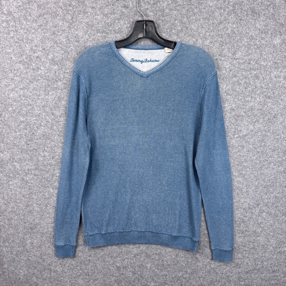 Tommy Bahama Sweater V-Neck Small Blue Silk Cotton Blend Textured Long Sleeve